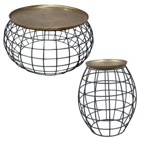Milo 2-Piece Coffee Table and End Table Set - Round Antique Brass Tray Top with Curved Cage Design Black Iron Base