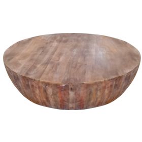 Arthur Handcarved 48 Inch Drum Shape Round Top Mango Wood Distressed Wooden Coffee Table, Brown