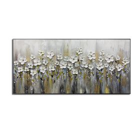 Handmade Gold Foil Abstract Oil Painting  Wall Art Modern Minimalist White Flowers Canvas Home Decorative For Living Room No Frame