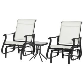 3-Piece Gliding Chair & Tea Table Set, Outdoor 2 Rocker Seats with Steel Frame, Tempered Glass Tabletop, Garden Patio Furniture, Cream White