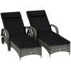 2 Reclining Chaise Lounge Chairs, Rolling Outdoor Chairs with Cushion, Pillow, Headrest, Armrests, and Wheels, Black