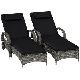 2 Reclining Chaise Lounge Chairs, Rolling Outdoor Chairs with Cushion, Pillow, Headrest, Armrests, and Wheels, Black