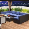 7-Piece Rattan Couch, Outdoor Patio Furniture Set, with Removable Cushions and Ottoman, Glass Coffee Table- Dark Coffee/Blue
