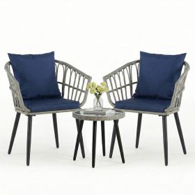 3 Piece Outdoor Patio Furniture Set, Wicker Bistro Chairs with Glass Top Table for Apartment Balcony, Small Backyard, Porch and Deck, Gray