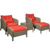 5 Pieces Rattan Wicker Lounge Chair Outdoor Patio Conversation Set with 2 Cushioned Chairs, 2 Ottomans and Tempered Glass Top Coffee Table, Brown/Red