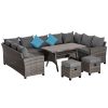 6 Piece Patio Furniture Set, PE Wicker Outdoor Furniture Conversation Set with 3 Sofas, 2 Ottomans and Slatted WPC Top Dining Table