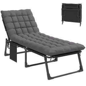 Folding Chaise Lounge Chair Outdoor Tanning Chair with 5-Position Backrest, Cushion, Side Pocket, Dark Gray