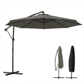 10 ft Offset Patio Umbrella with Cover, Hanging Cantilever Umbrella with 360Â° Rotation, Crank Handle, Tilt, Gray