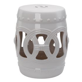 14" x 17" Ceramic Garden Stool with Double-Coin Knotted Ring Design & Strong Glazed Material, Decorative Outdoor Stool, Home Collection, White