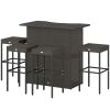 5 Piece Rattan Wicker Bar Set, High Top Outdoor Table and Chairs, Bar Height Patio Set, 2 Shelves & 4 Bar Stools, Brown