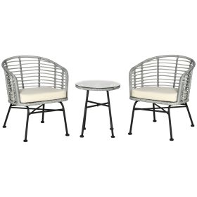 3 Piece Patio Bistro Set, PE Rattan with Cushioned Barrel Chairs & Glass Coffee Table, Conversation Set, Cream White