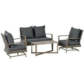 4 Piece Wicker Patio Furniture Set with 2 Rocking Chairs, Loveseat Sofa, Outdoor PE Rattan Conversation Set with Cushions, Aluminum Table for Porch