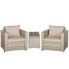 3 Piece Patio Furniture Set, PE Rattan Small Wicker Balcony Furniture, Table & Chairs with Cushions Composite Table, Conversation Set for Apartment