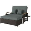 Rattan Outdoor Daybed w/4-Level Adjustable Backrest, Patio Sofa Bed w/Storage Ottoman, Acacia Wood Armrest, Mixed Gray