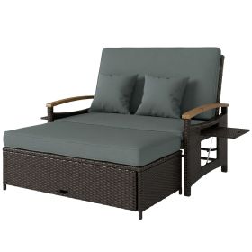 Rattan Outdoor Daybed w/4-Level Adjustable Backrest, Patio Sofa Bed w/Storage Ottoman, Acacia Wood Armrest, Mixed Gray