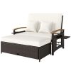 Rattan Outdoor Daybed w/4-Level Adjustable Backrest, Patio Sofa Bed w/Storage Ottoman, Acacia Wood Armrest, Beige