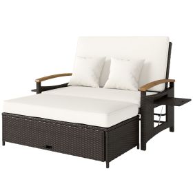 Rattan Outdoor Daybed w/4-Level Adjustable Backrest, Patio Sofa Bed w/Storage Ottoman, Acacia Wood Armrest, Beige