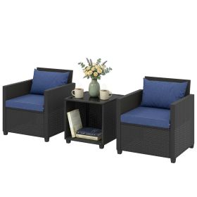 3 Piece Patio Bistro Set, Wicker Furniture Set with Thick Cushions, Glass Coffee Table and Chairs for Garden, Dark Blue