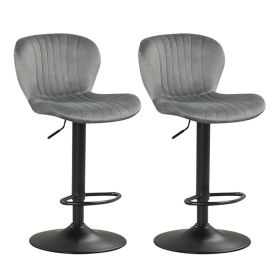 2-Pack Adjustable Height Bar Stools with 360° Swivel, Dutch Velvet Upholstered Bar Chai - Gray