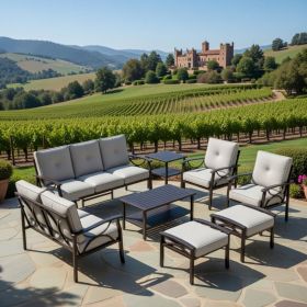 8-Piece Metal Patio Furniture Set, 9-Seat All-Weather Conversation Sofa with 4 Inches Thick Gray Cushions, Black Frame, Coffee Table, Side Table