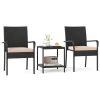3-Piece Patio PE Wicker Bistro Set, Tempered Glass 2-Tier Side Table Outdoor Chair Set-Beige