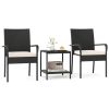 3-Piece Patio PE Wicker Bistro Set, Tempered Glass 2-Tier Side Table Outdoor Chair Set-White