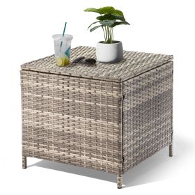 Outdoor PE Wicker Side Table with Storage, Patio Rattan End Table Square Container for Furniture Covers, Toys and Gardening Tools, Grey