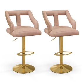 Luxury Dutch Velvet Bar Stools with Adjustable Height (25"-34"), Swivel Seat & Gold Metal Base - PINK