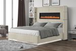 Upholstery Wooden Queen Bed with Ambient lighting in Beige Velvet Finish