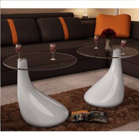 Coffee Table Set of 2 High Gloss White Fiberglass, Tempered Glass