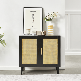 Side panel buffet cabinet with natural rattan door, rattan storage cabinet with adjustable shelves, side panel and buffet with storage space