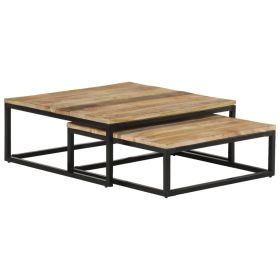 Coffee Table Set of 2 Natural Mango Wood, Black