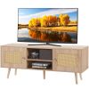 Rattan TV Stand, Boho TV Cabinet for 55 inch TV, Mid Century Modern TV Stand, Rattan TV Console with Adjustable Shelfs for Living Room, Media Room