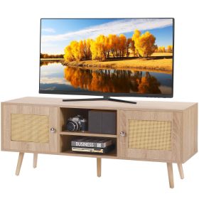 Rattan TV Stand, Boho TV Cabinet for 55 inch TV, Mid Century Modern TV Stand, Rattan TV Console with Adjustable Shelfs for Living Room, Media Room