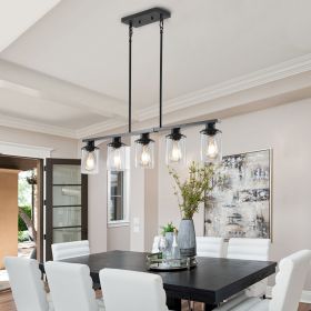 37" Modern Industrial 5-Light Chandelier with Clear Glass Shades, Matte Black Metal Frame Hanging Ceiling Light Fixture for Dining Room, Kitchen Islan