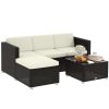 3 Pieces Patio Furniture Set with Cushions, Outdoor PE Rattan Wicker Conversation Corner Sofa Set with Glass Top Table and Adjustable Foot for Garden