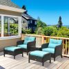 5 Pieces Rattan Wicker Lounge Chair Outdoor Patio Conversation Set with Cushioned Chairs, Ottomans & Tempered Glass Top Coffee Table, Blue
