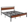 King Size Bed Frame, 14 Inch Black Metal Platform Bed Frame with Retro Brown Wooden Headboard and Footboard, Large Under-Bed Storage