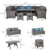 6 Piece Patio Furniture Set, PE Wicker Outdoor Furniture Conversation Set with 3 Sofas, 2 Ottomans and Slatted WPC Top Dining Table