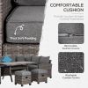 6 Piece Patio Furniture Set, PE Wicker Outdoor Furniture Conversation Set with 3 Sofas, 2 Ottomans and Slatted WPC Top Dining Table