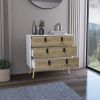 Dresser 29"H, 3 Drawers Dresser with Handles and Wooden Legs, White / Macadamia