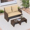 Outdoor Patio Furniture Set, PE Rattan Loveseat + 2 Ottomans Removable Cushions Metal Frame