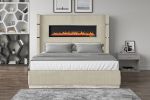 Upholstery Wooden Queen Bed with Ambient lighting in Beige Velvet Finish