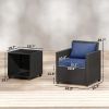 3 Piece Patio Bistro Set, Wicker Furniture Set with Thick Cushions, Glass Coffee Table and Chairs for Garden, Dark Blue