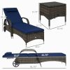 Patio Wicker Chaise Lounge Chair Set of 2 with Table, Adjustable Backrest, Wheels, Cushion & Headrest, Dark Blue