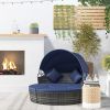 Rattan Canopied Daybed 4pc Outdoor Patio Lounger Sofa Set Plush Cushions Mocha Brown