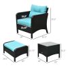 5 Pieces Rattan Wicker Lounge Chair Outdoor Patio Conversation Set with Cushioned Chairs, Ottomans & Tempered Glass Top Coffee Table, Blue