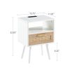 15.75" Rattan End table with Power Outlet & USB Ports , Modern nightstand with drawer and solid wood legs, side table for living room, bedroom, white