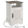 Farmhouse Nightstand Side Table, Wooden Rustic End Table, Tall Bedside Table with Electrical Outlets Charging Station - White & Oak