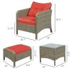 5 Pieces Rattan Wicker Lounge Chair Outdoor Patio Conversation Set with 2 Cushioned Chairs, 2 Ottomans and Tempered Glass Top Coffee Table, Brown/Red
